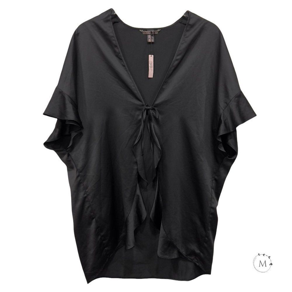 Victoria's Secret One Size Flutter Sleeve Robe Kimono Wrap Black Satin‎ Lingerie